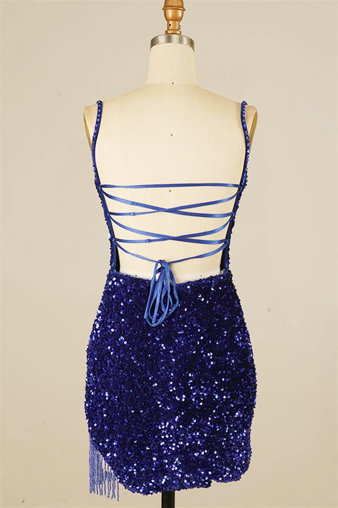 Back view of the sequined homecoming dress showing lace-up detail.