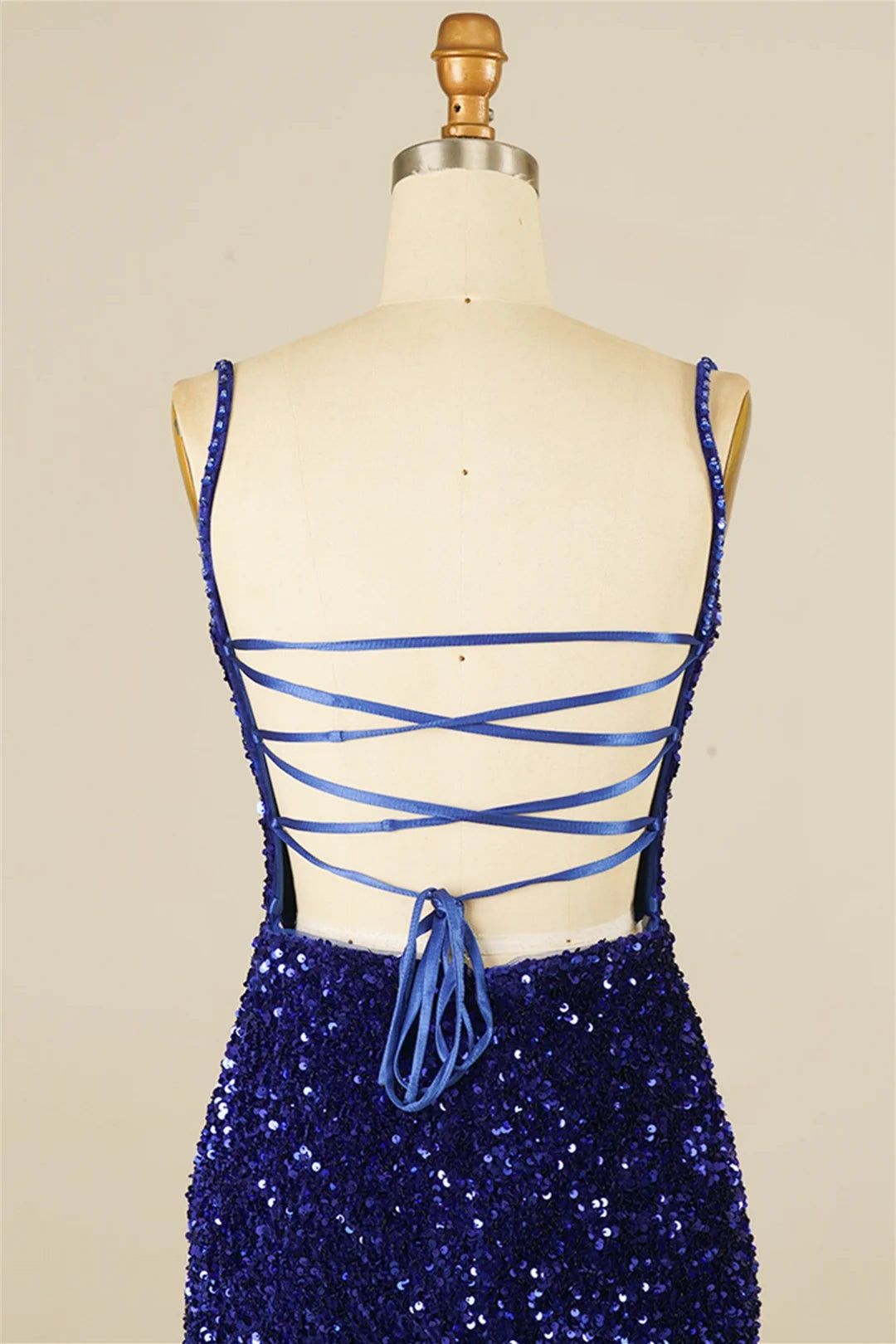 Full length view of the sequined lace-up dress with tassels.