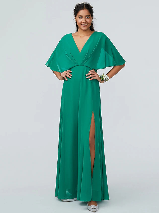 Sparkling sheath V-neck chiffon bridesmaid dress with short sleeves and split front.