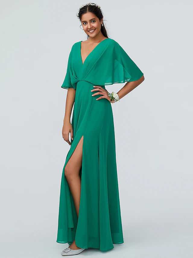 Back view of a floor-length sparkling chiffon bridesmaid dress.