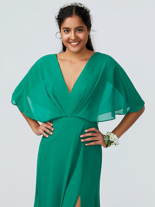 Side view of a V-neck short sleeve bridesmaid dress with a flowing split front.