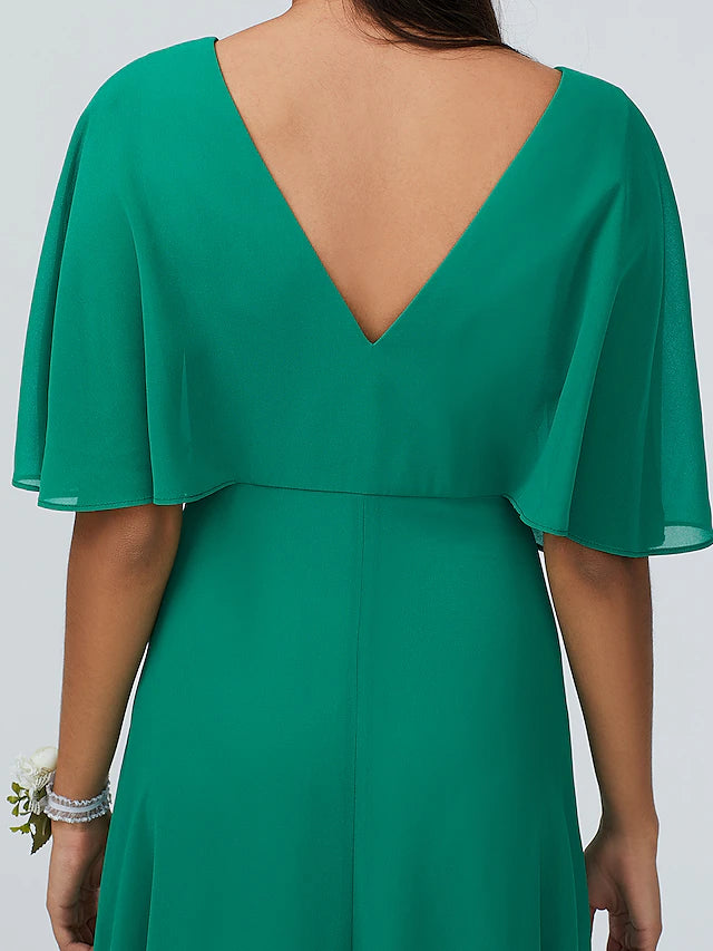Detail of the split front on a sparkling chiffon bridesmaid gown.