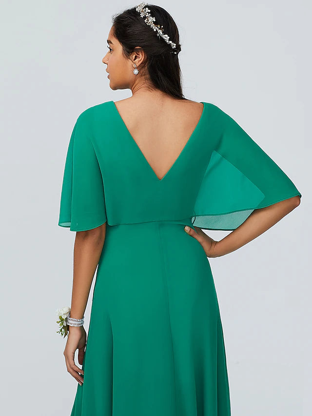 Elegant bridesmaid dress with V-neck and short sleeves, suitable for formal events.