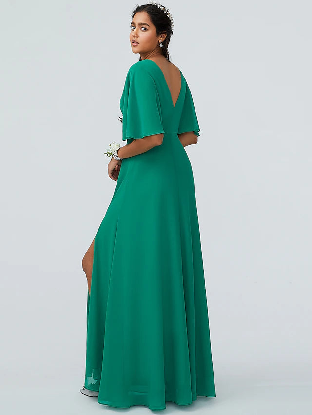 Full view of a sparkling floor-length bridesmaid dress with a sheath cut.