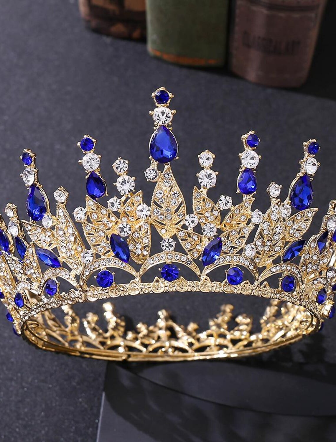 Close-up view of a sparkling silver rhinestone tiara.