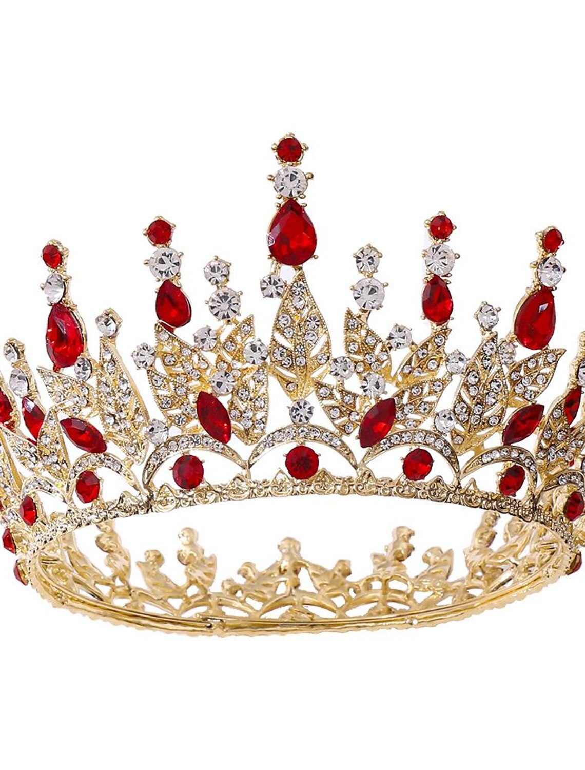 Side view of a silver rhinestone tiara crown.