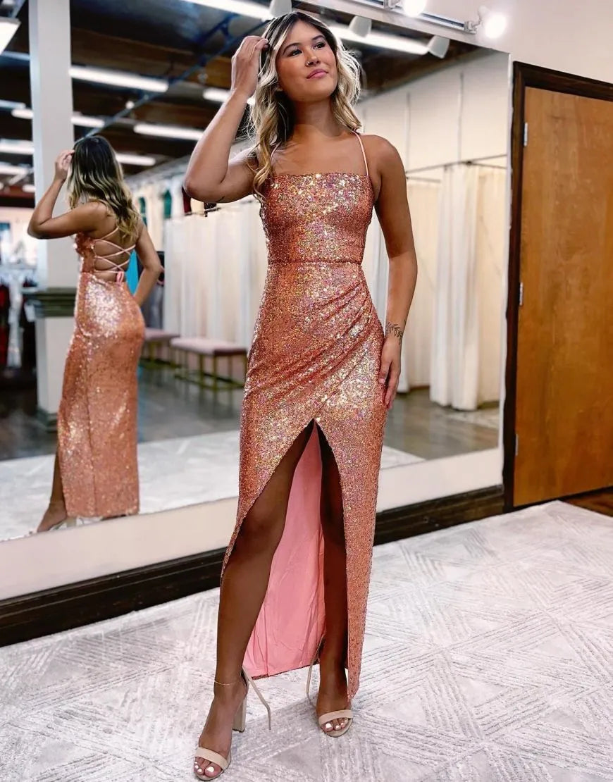 Back view of the sequin prom dress, highlighting the intricate corset lacing.