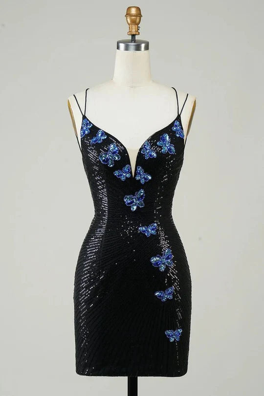 Sparkling tight V-neck homecoming dress with sequin butterflies.