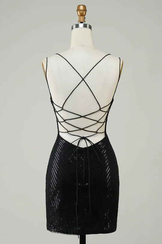 Back view of glitter tight V-neck homecoming dress.