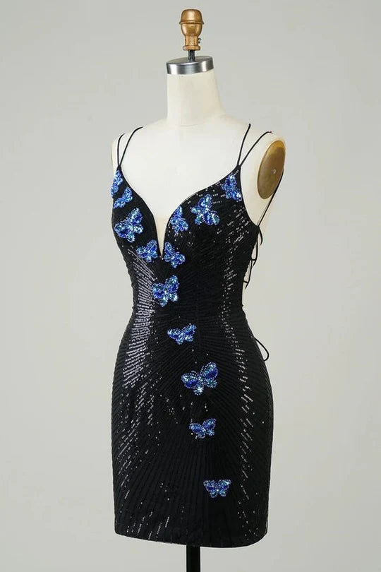 Side view of sequin butterfly embellished homecoming dress.