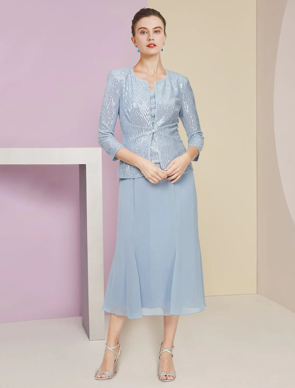 Elegant dark blue sequined two-piece A-line dress with a 3/4 sleeve jacket.