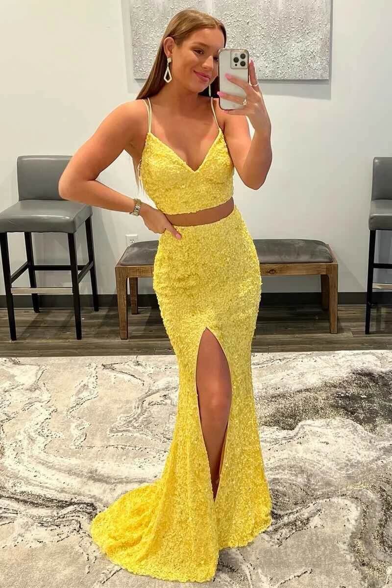 Full view of a two-piece mermaid sequin prom dress.