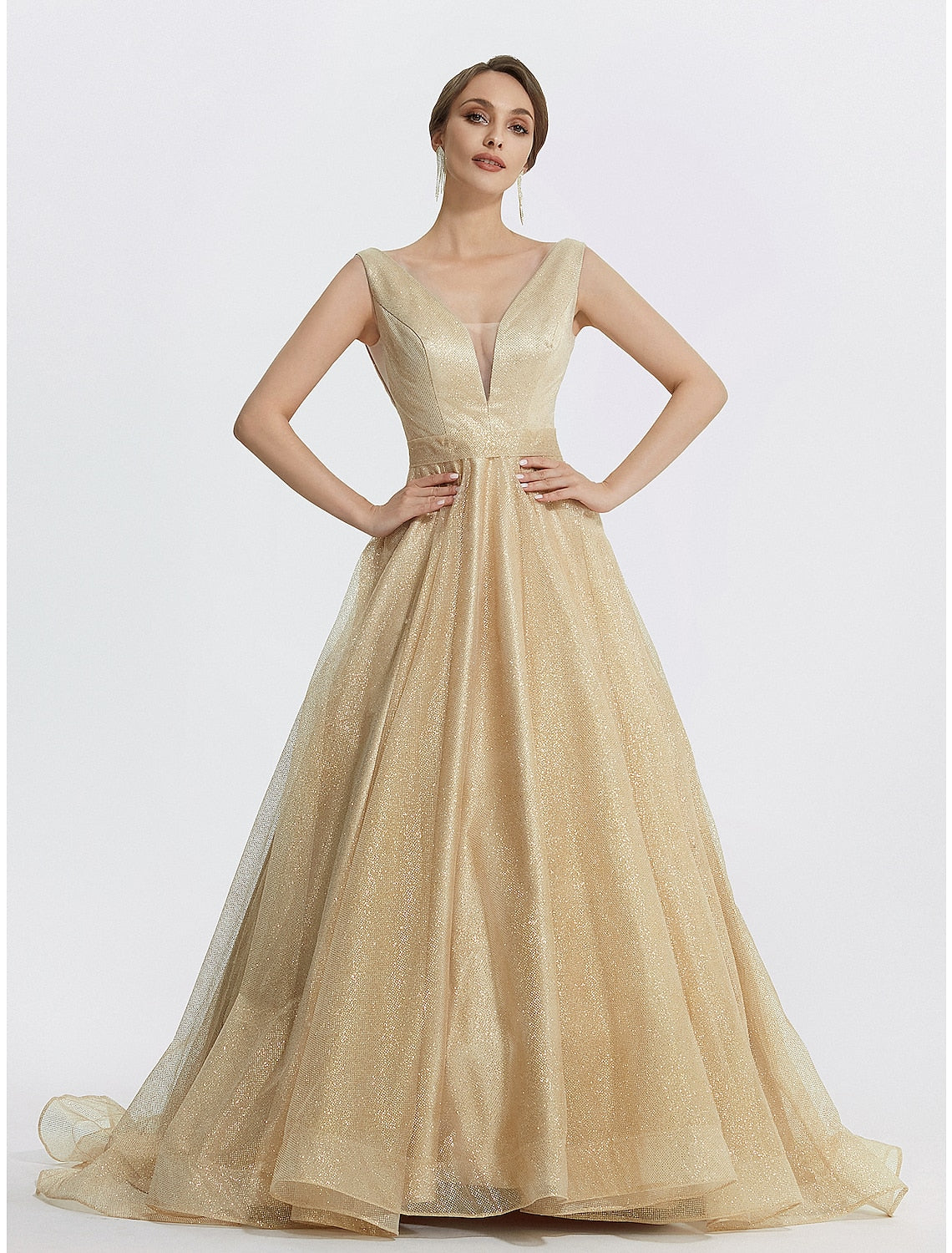 Sparkling V-neck sleeveless ball gown in glitter tulle.