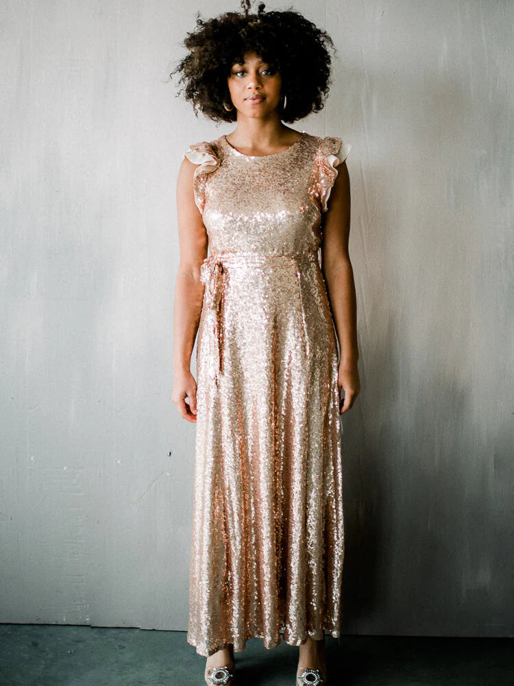 Sparkling A Line Round Neck Ruffle Cap Sleeve Sequin Maxi Prom Dress with Sash for Formal Events