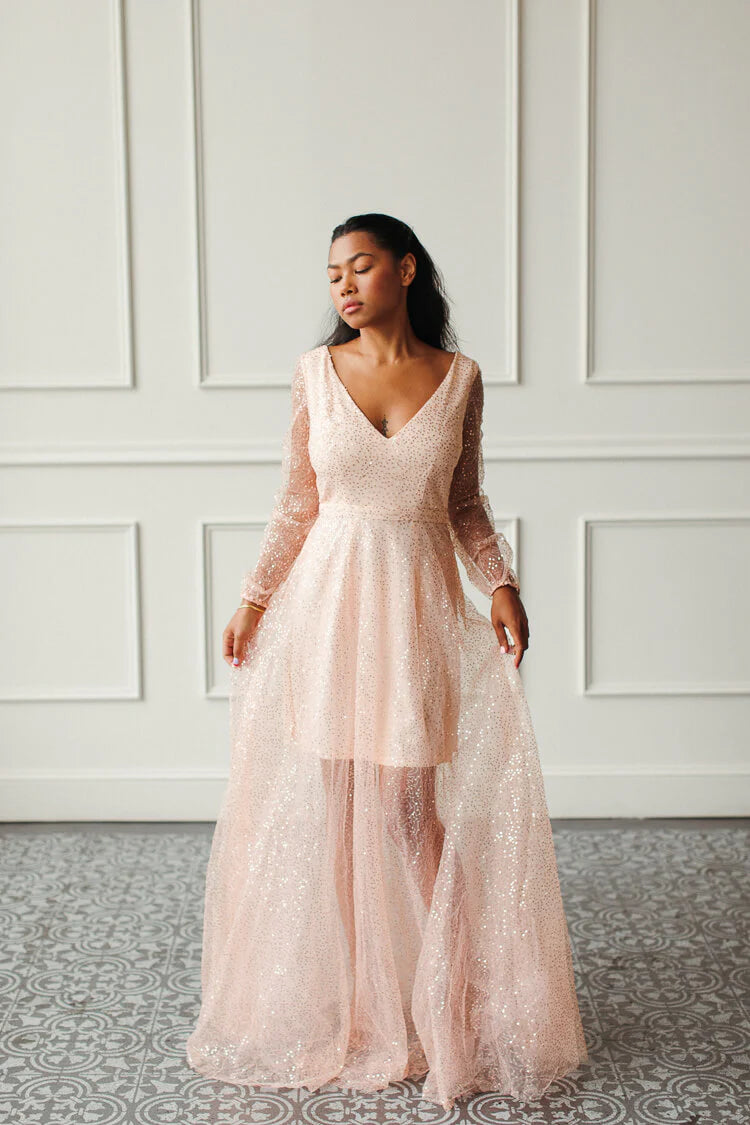 Sparkling A Line V Neck Long Sleeve Low Open Back Overlay Maxi Prom Dress for Formal Events