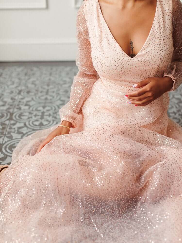 Sparkling A Line V Neck Long Sleeve Low Open Back Overlay Maxi Prom Dress for Formal Events