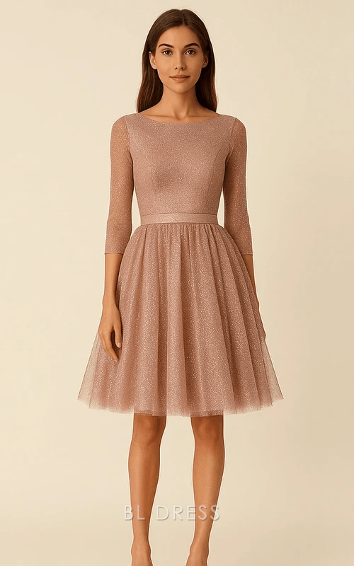 Sparkling A-Line Boat Neck Three-Quarter Sleeve Rose Gold Knee-Length Homecoming Dress