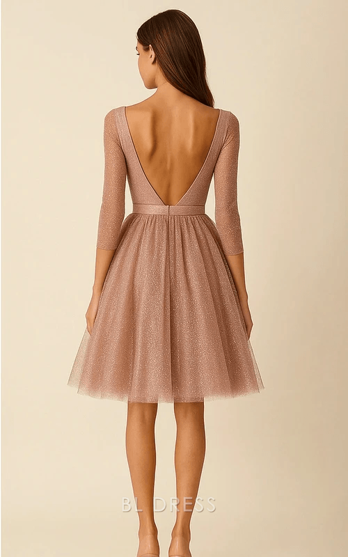 Sparkling A-Line Boat Neck Three-Quarter Sleeve Rose Gold Knee-Length Homecoming Dress