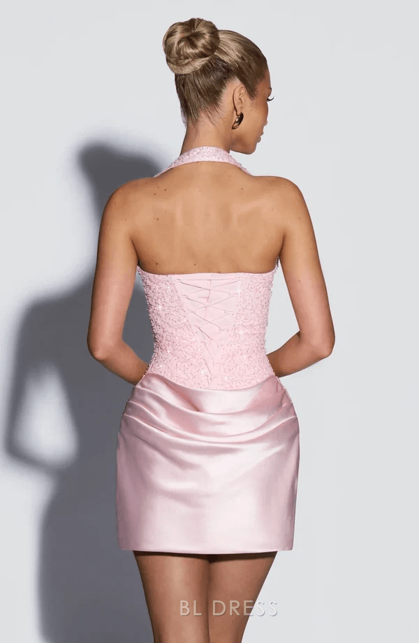 Sparkling A-Line Halter Sleeveless Beaded Draped Pink Mini Homecoming Dress