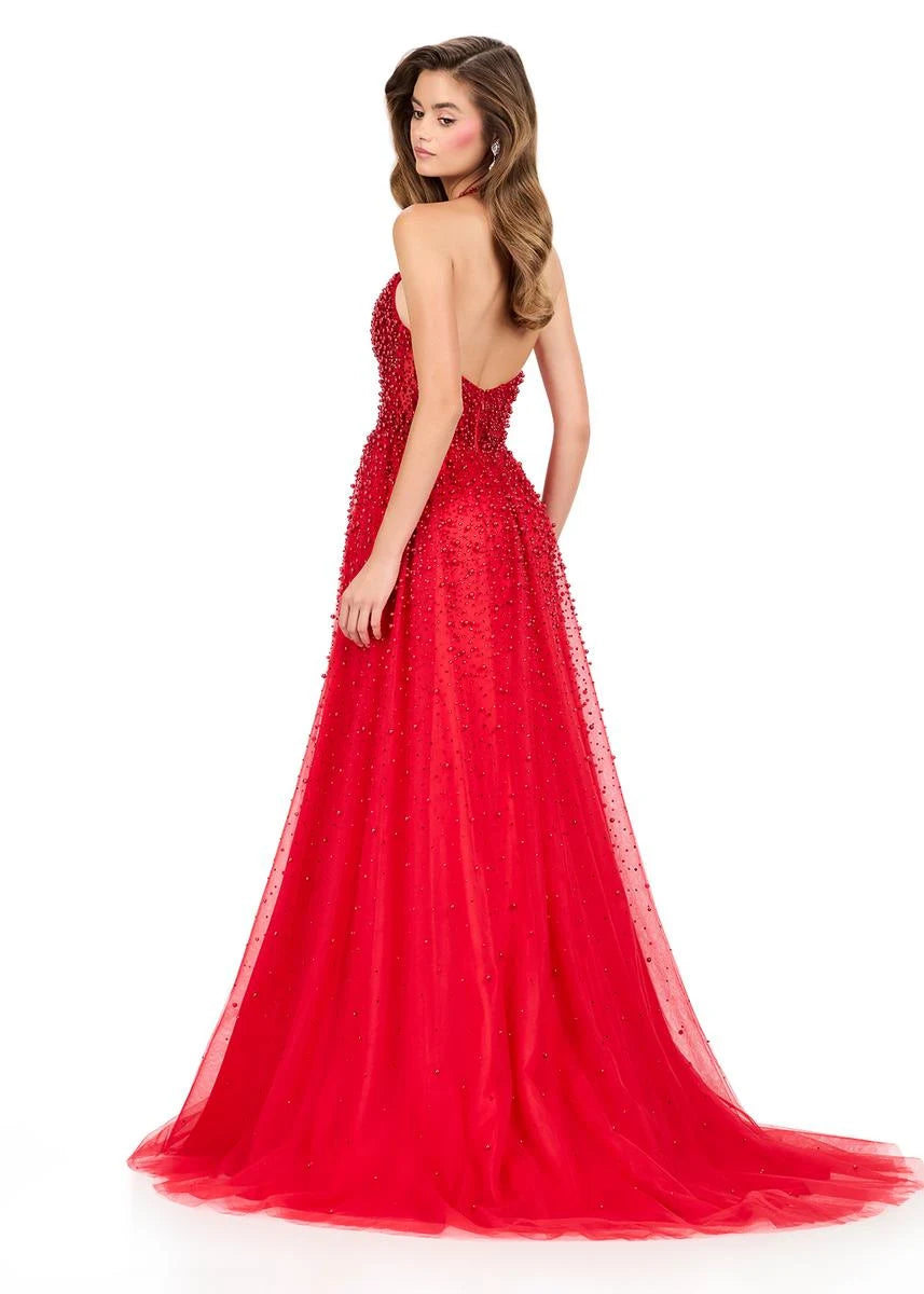 Sparkling A-Line Halter Sleeveless Beaded High-Slit Red Floor-Length Prom Gown