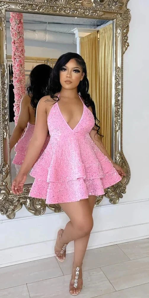 Sparkling A-Line Halter Sleeveless Sequin Tiered Pink Mini Homecoming Dress Women's