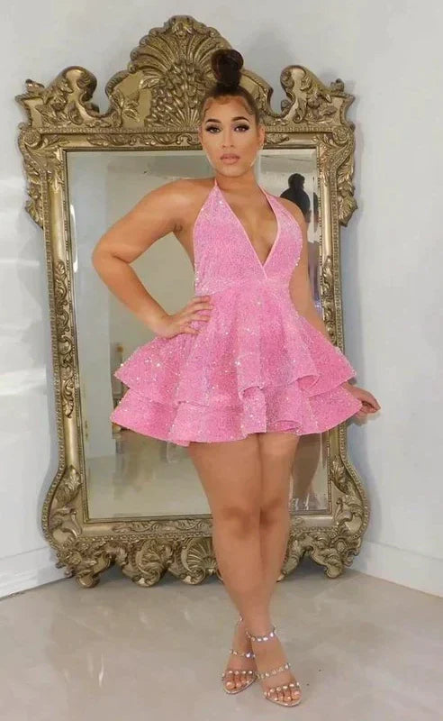 Sparkling A-Line Halter Sleeveless Sequin Tiered Pink Mini Homecoming Dress Women's