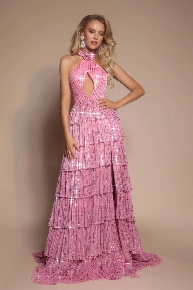 Sparkling A-Line Halter Sleeveless Tiered Ruffle Pink Floor-Length Prom Dresses Women's Gown