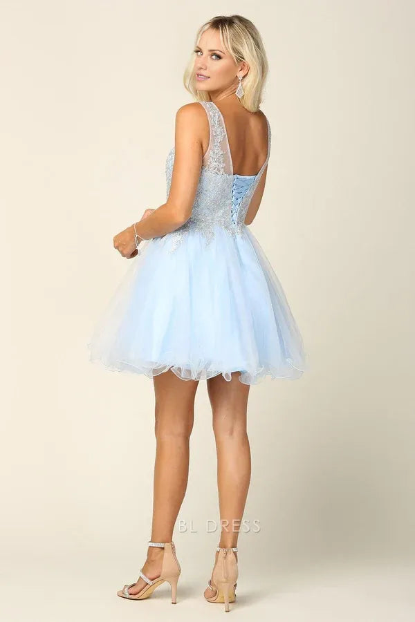Sparkling A-Line Illusion Sweetheart Sleeveless Beaded Embellished Light Blue Short Homecoming Dress