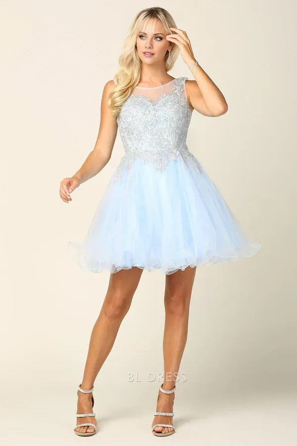Sparkling A-Line Illusion Sweetheart Sleeveless Beaded Embellished Light Blue Short Homecoming Dress