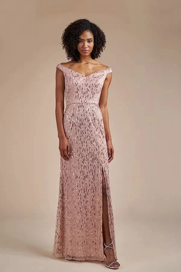 Sparkling A-Line Off-Shoulder Cap Sleeve Sequin Rose Gold Floor-Length Prom Dress
