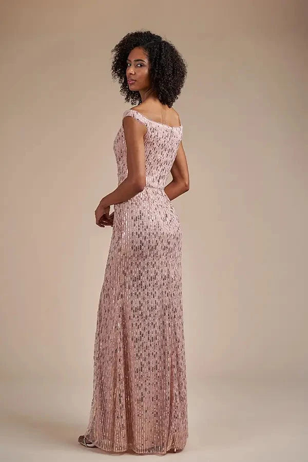 Sparkling A-Line Off-Shoulder Cap Sleeve Sequin Rose Gold Floor-Length Prom Dress