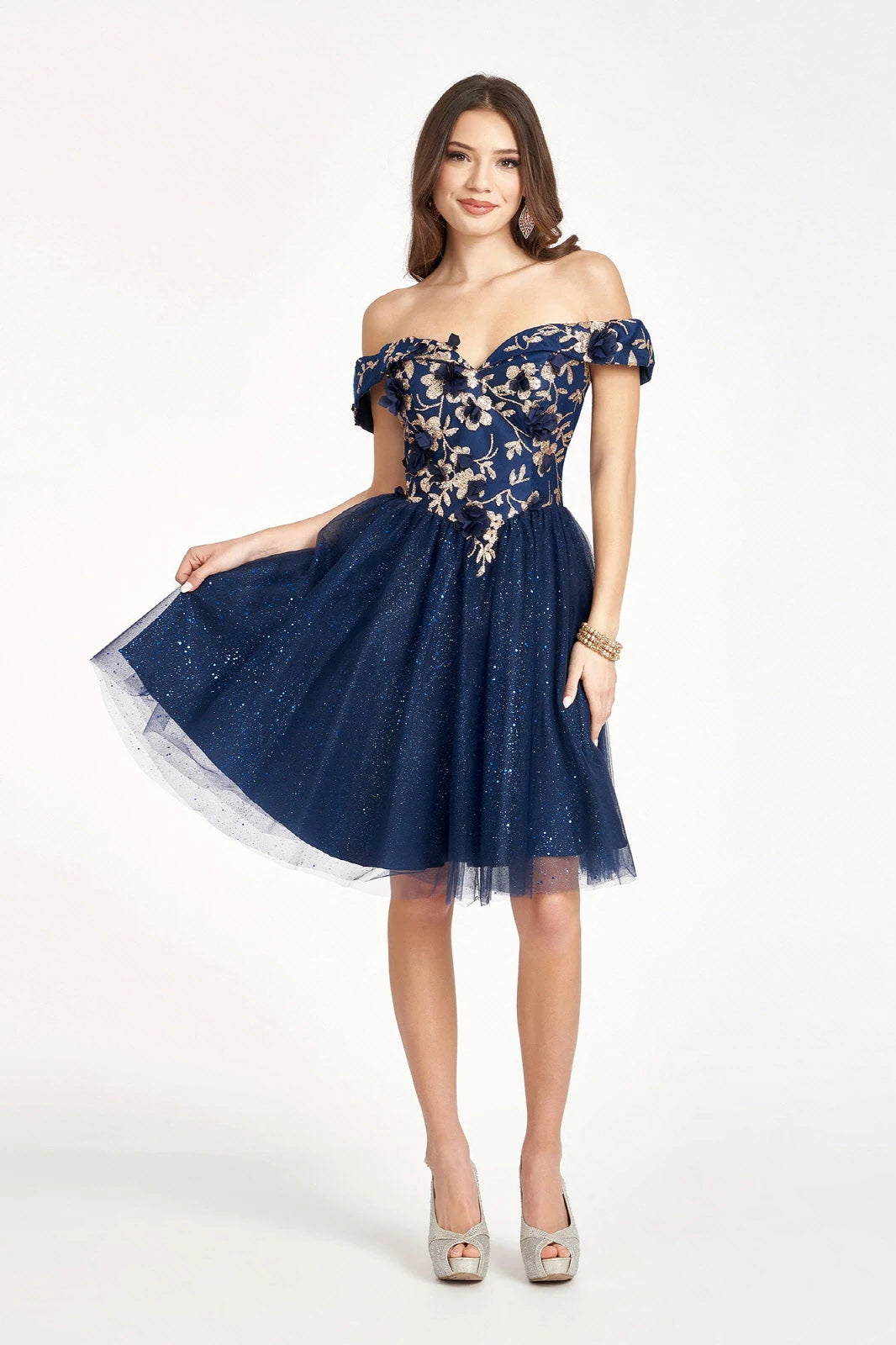 Sparkling A-Line Off-Shoulder Embroidered Navy Blue Knee-Length Homecoming Dress For Women