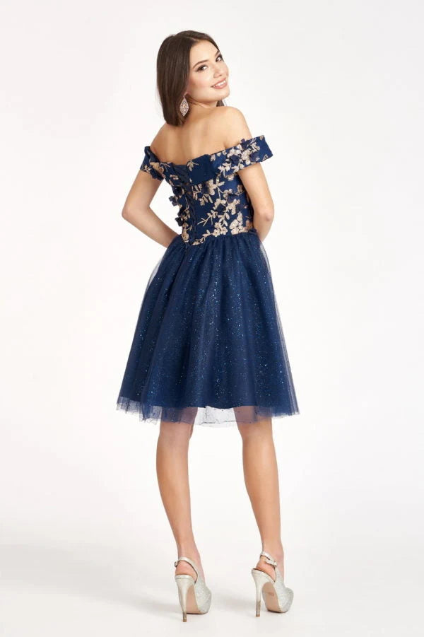 Sparkling A-Line Off-Shoulder Embroidered Navy Blue Knee-Length Homecoming Dress For Women