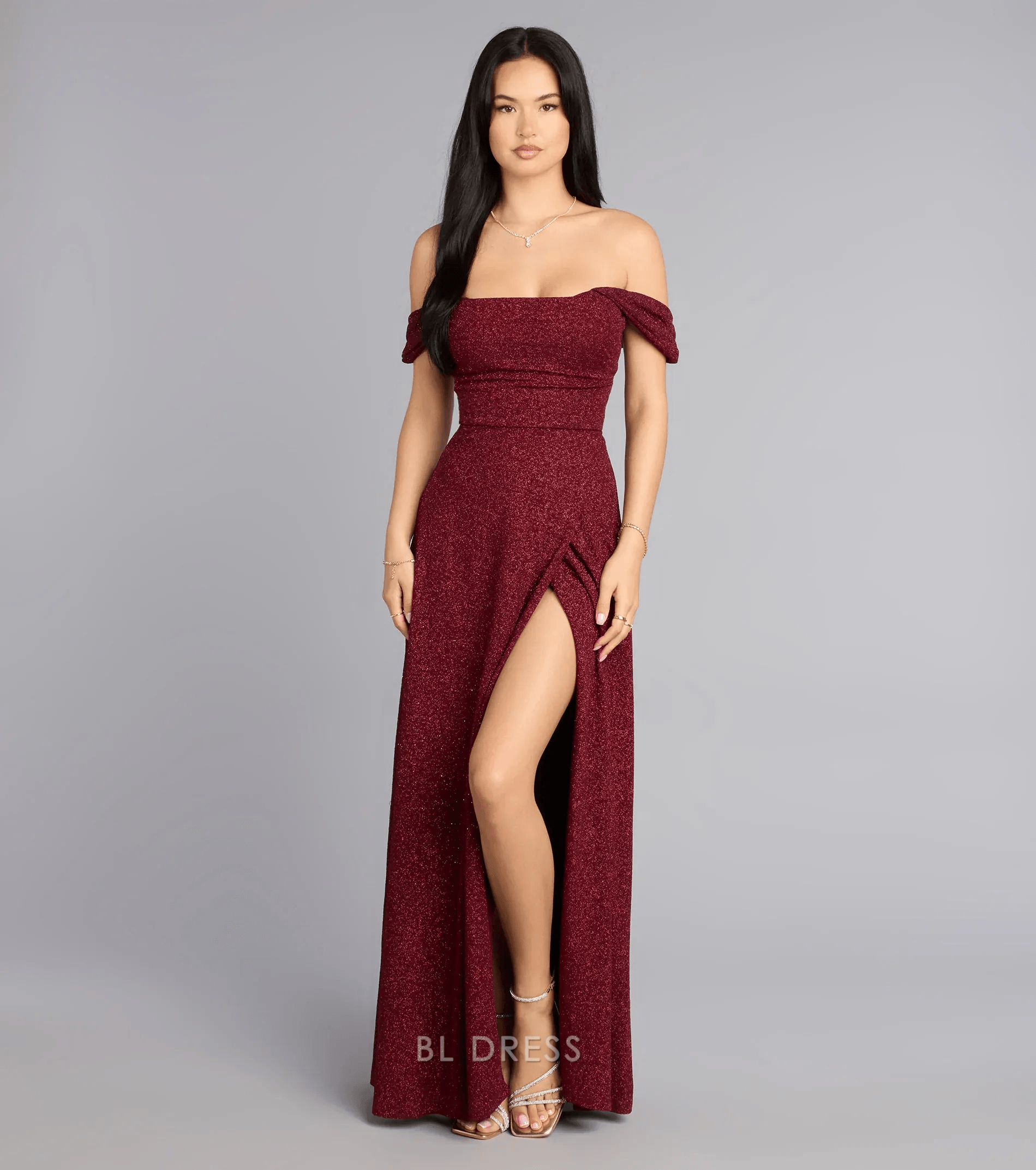 Sparkling A-Line Off-Shoulder High Slit Wine Floor-Length Prom Dresses Gown