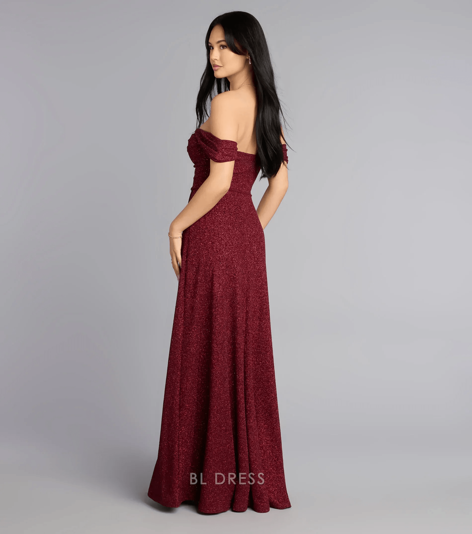Sparkling A-Line Off-Shoulder High Slit Wine Floor-Length Prom Dresses Gown
