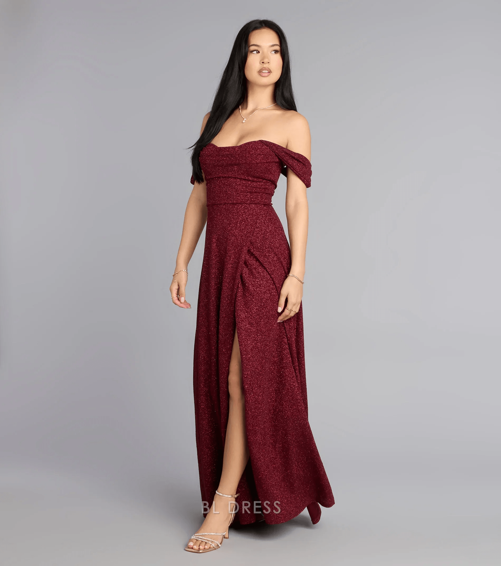 Sparkling A-Line Off-Shoulder High Slit Wine Floor-Length Prom Dresses Gown
