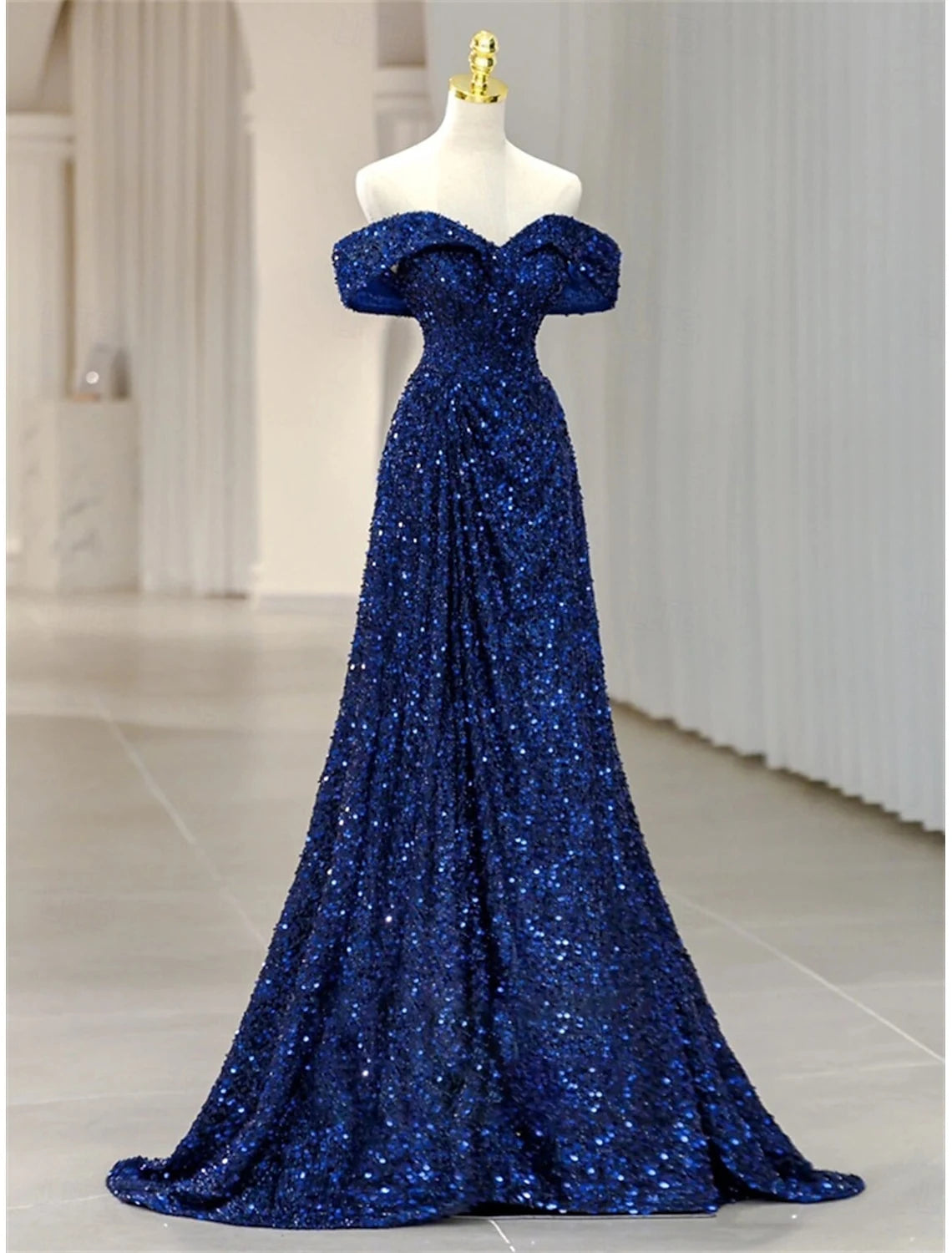 Sparkling A-Line Off-Shoulder Sequin Royal Blue Floor-Length Prom Dress Gown