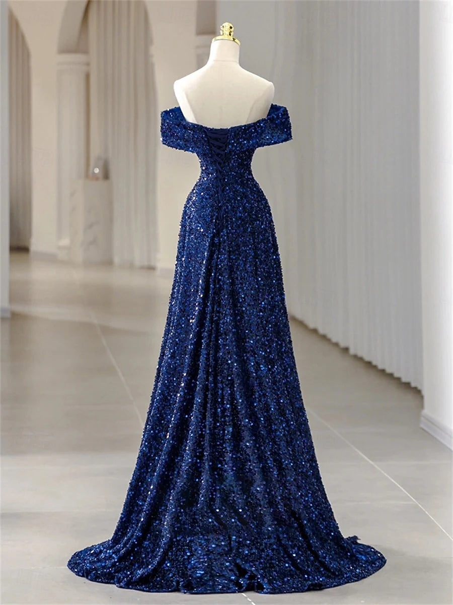 Sparkling A-Line Off-Shoulder Sequin Royal Blue Floor-Length Prom Dress Gown