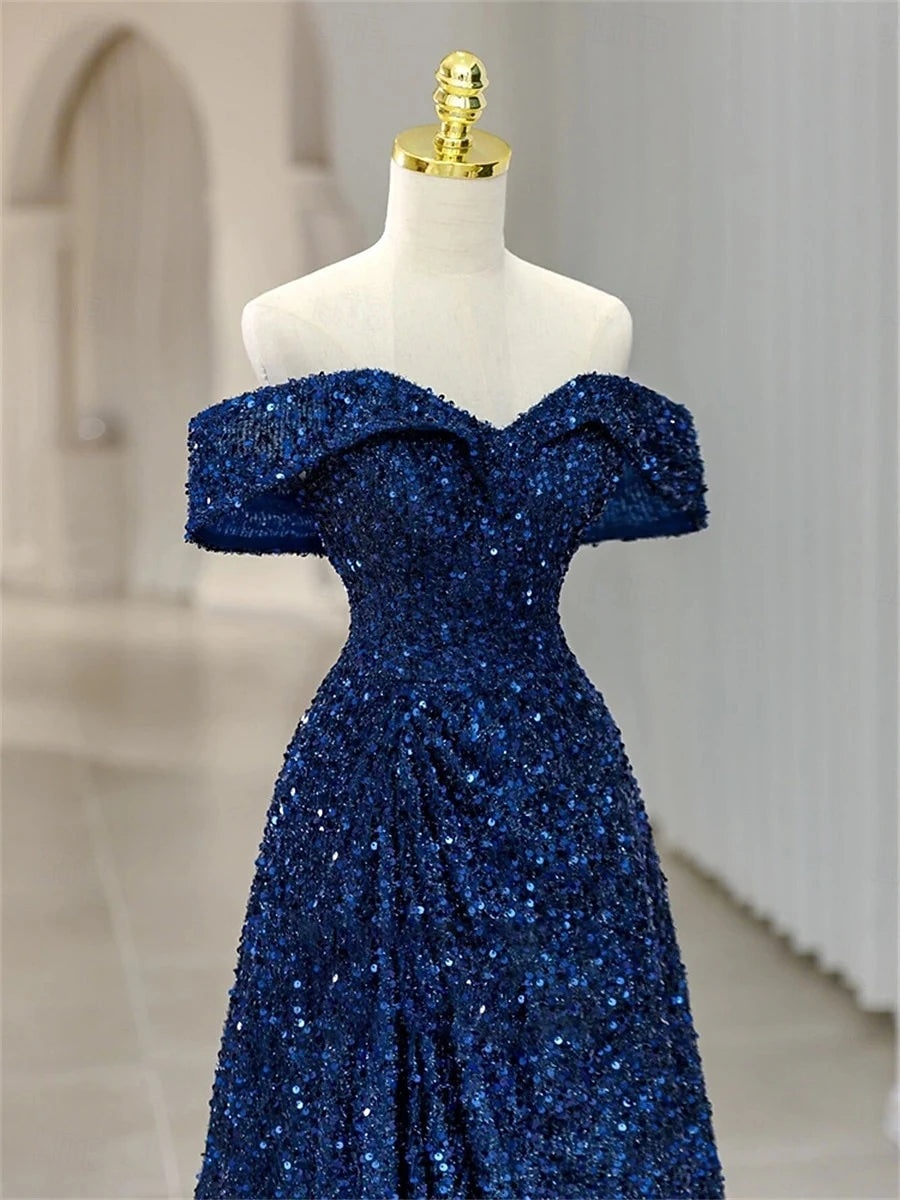Sparkling A-Line Off-Shoulder Sequin Royal Blue Floor-Length Prom Dress Gown