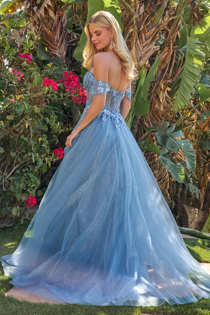 Sparkling A-Line Off-Shoulder Sweetheart Embroidered Dusty Blue Floor-Length Prom Dresses Women's Gown
