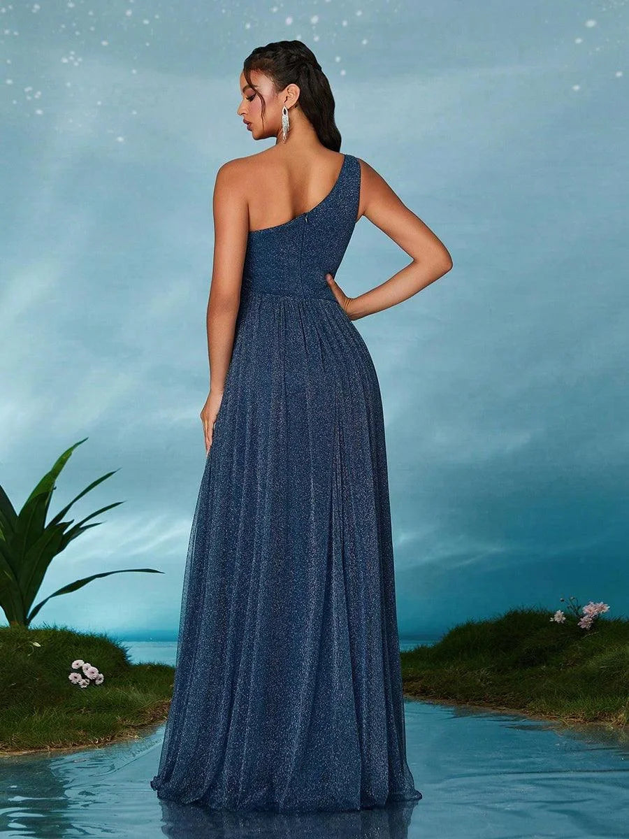 Sparkling A-Line One-Shoulder High-Slit Navy Blue Floor-Length Prom Dresses Gown