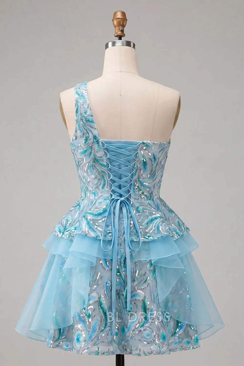 Sparkling A-Line One-Shoulder Sequin Tiered Light Blue Short Homecoming Dress