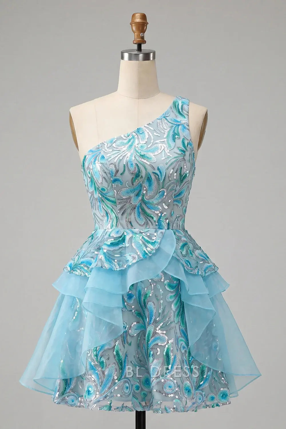 Sparkling A-Line One-Shoulder Sequin Tiered Light Blue Short Homecoming Dress