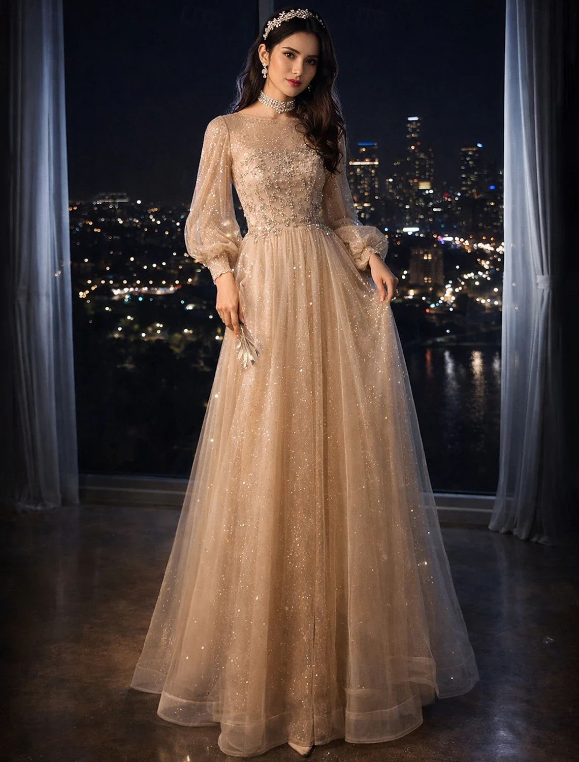 Sparkling A-Line Round Neck Long Sleeve Champagne Gold Floor-Length Prom Gown