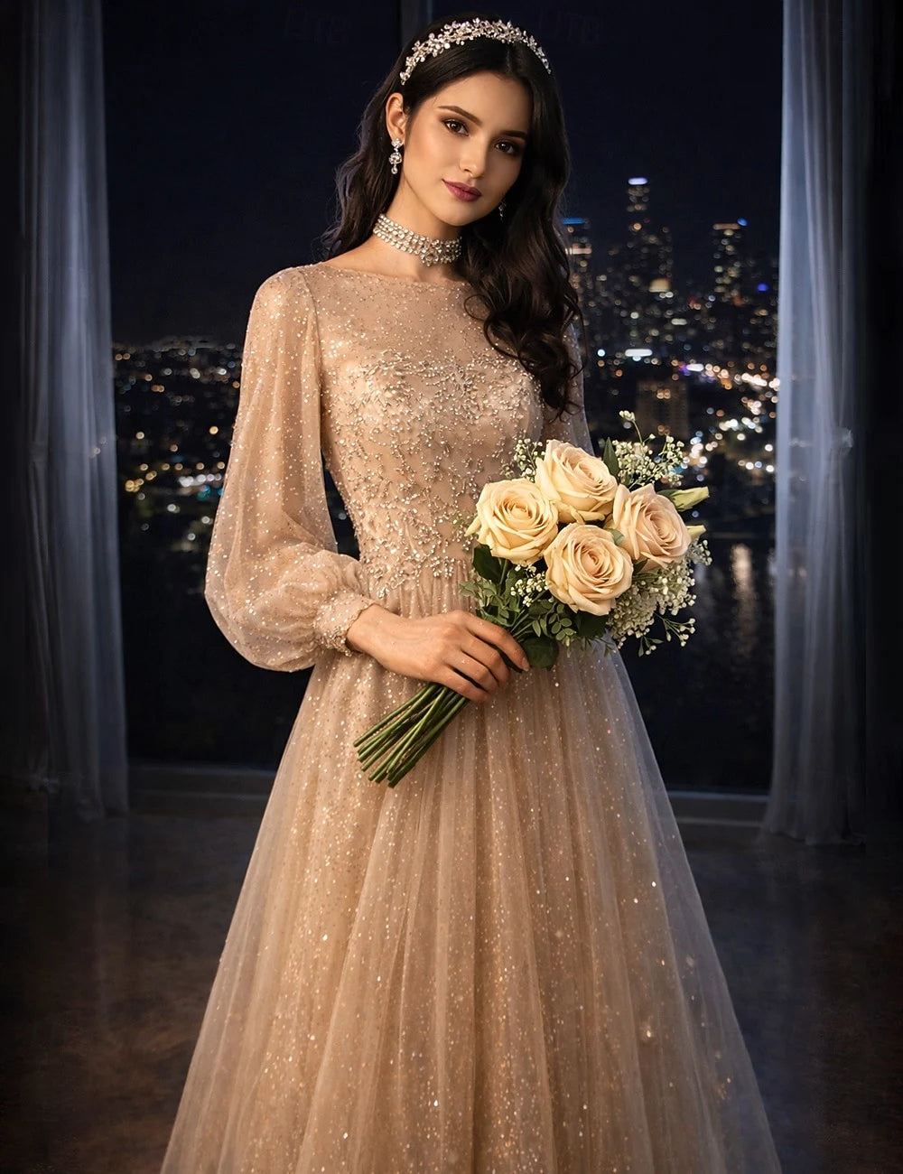 Sparkling A-Line Round Neck Long Sleeve Champagne Gold Floor-Length Prom Gown