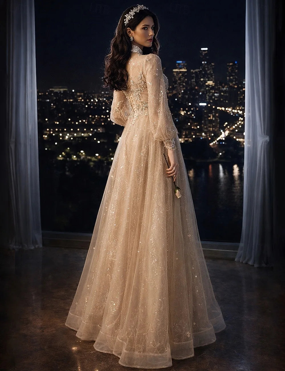 Sparkling A-Line Round Neck Long Sleeve Champagne Gold Floor-Length Prom Gown