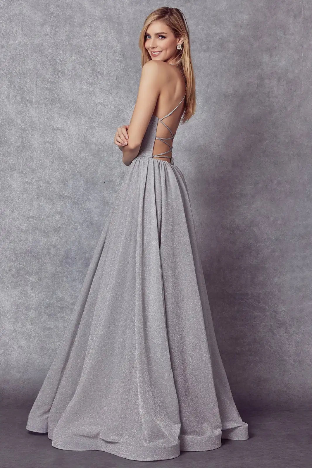 Sparkling A-Line Scoop Sleeveless Backless Silver Grey Floor-Length Prom Gown