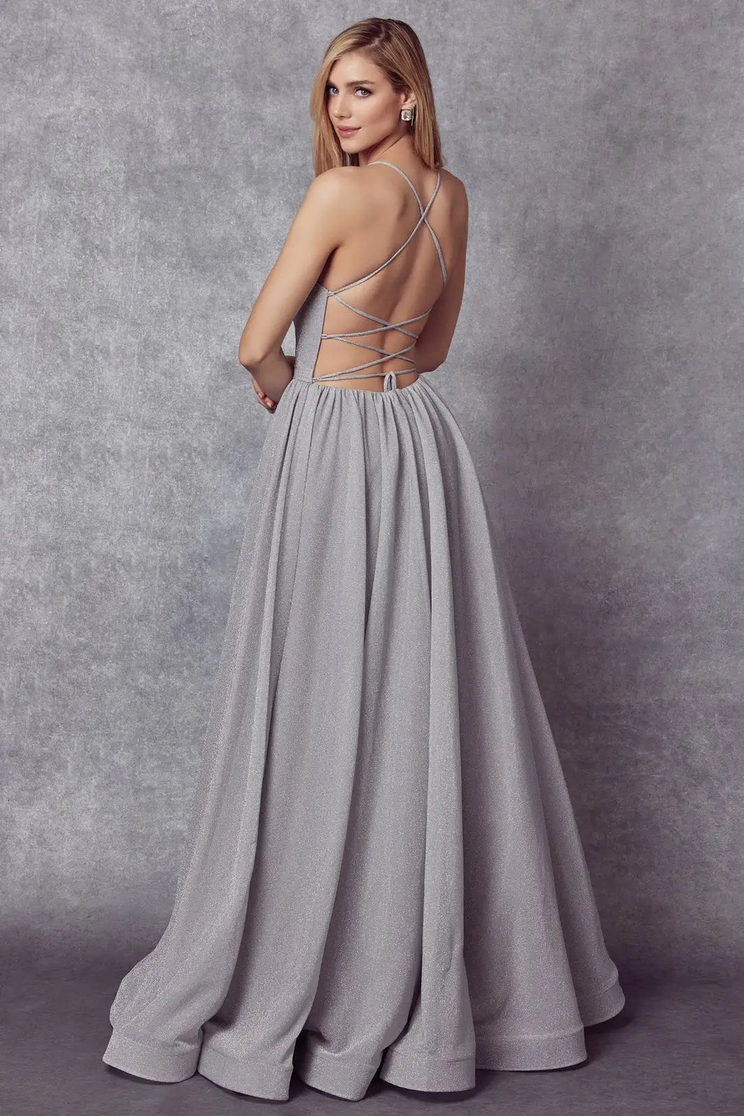 Sparkling A-Line Scoop Sleeveless Backless Silver Grey Floor-Length Prom Gown