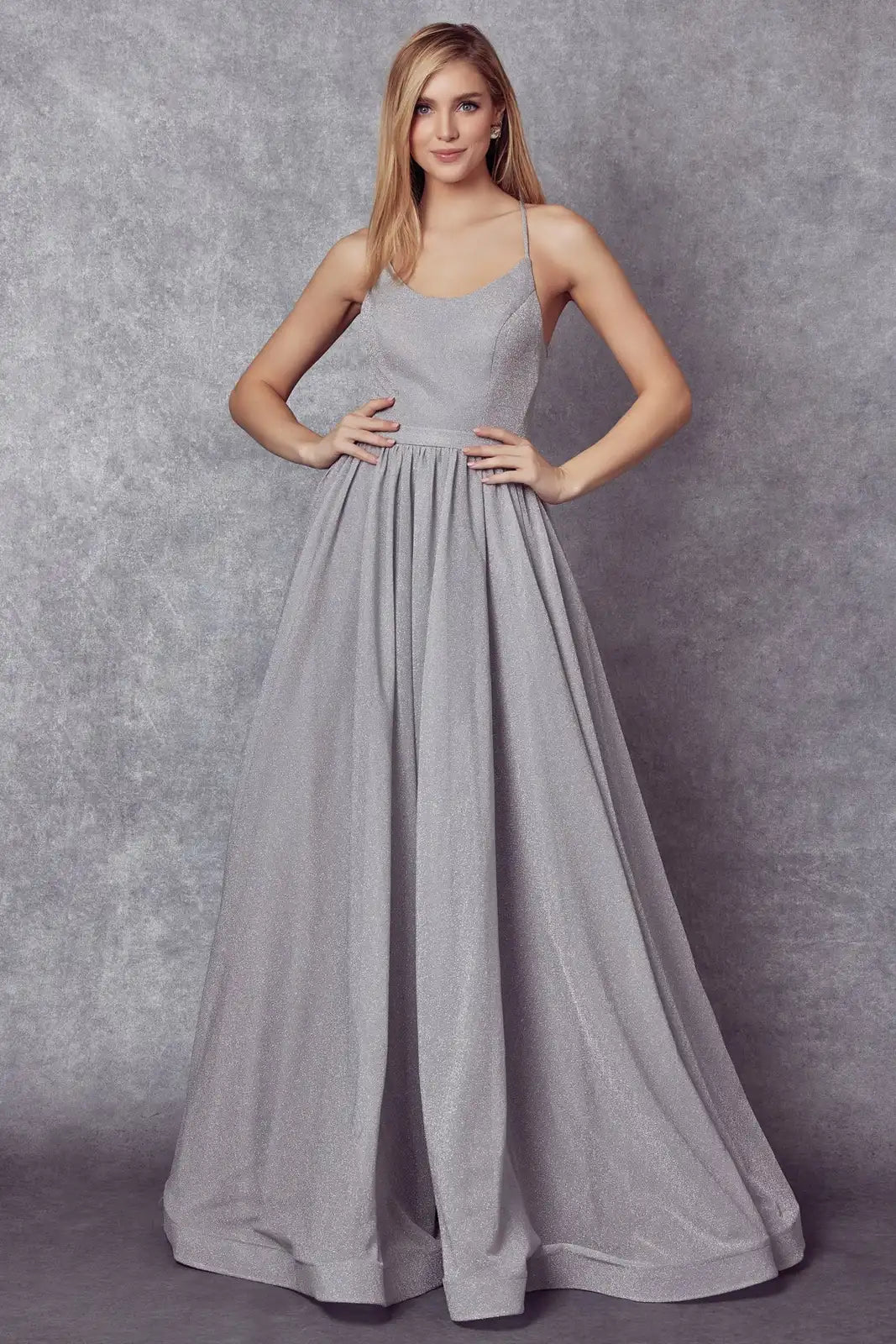 Sparkling A-Line Scoop Sleeveless Backless Silver Grey Floor-Length Prom Gown
