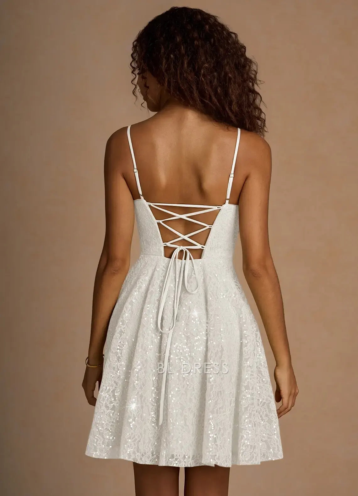 Sparkling A-Line Square Neck Sequin Lace-Up White Short Homecoming Dress